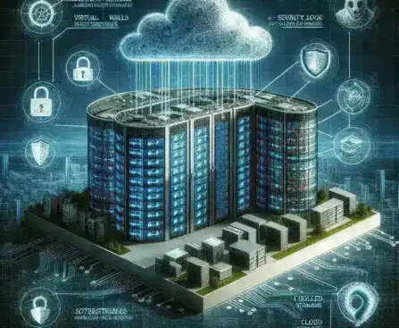 "Ilustrasi keamananan data centre yang mencakup langkah-langkah perlindungan dari ancaman siber, seperti firewall, enkripsi data, dan sistem pemantauan, menyoroti pentingnya keamanan data dalam era digital."