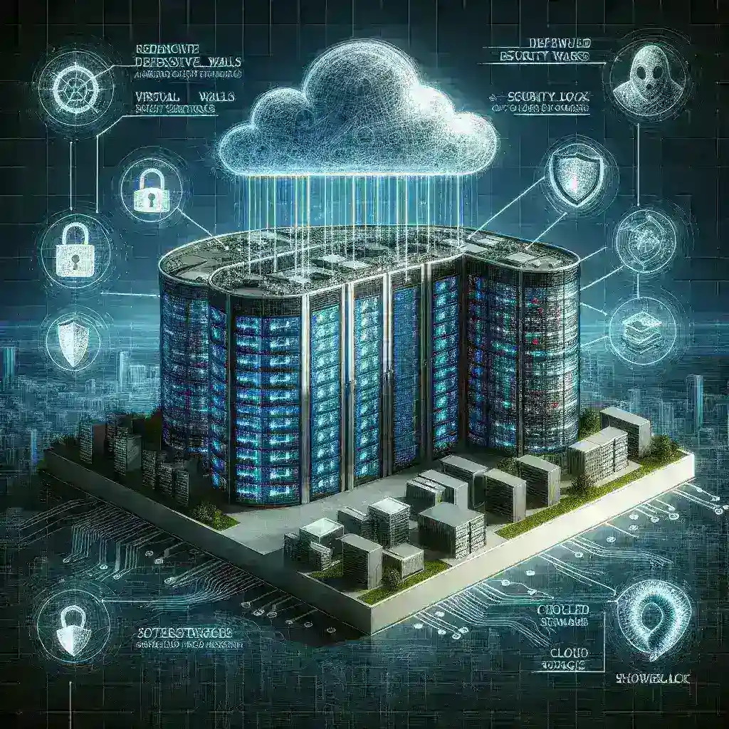 "Ilustrasi keamananan data centre yang mencakup langkah-langkah perlindungan dari ancaman siber, seperti firewall, enkripsi data, dan sistem pemantauan, menyoroti pentingnya keamanan data dalam era digital."
