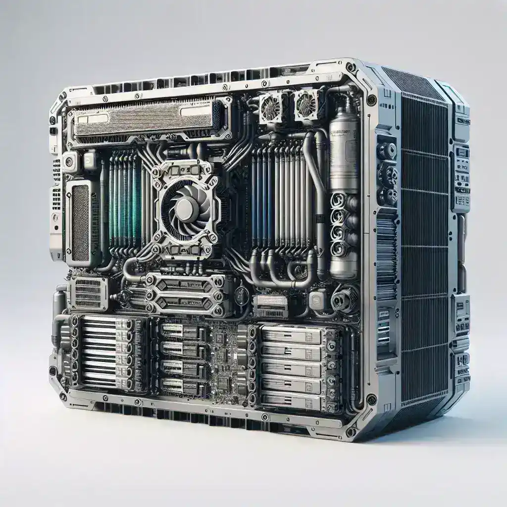 "Close-up of Dell liquid-cooled workstation showcasing advanced cooling technology for enhanced performance and efficiency in demanding computing tasks."