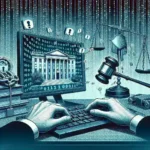 "Ilustrasi gugatan EFF menolak dekri pemerintah tentang dekripsi data, menggambarkan simbol privasi digital dan perlindungan informasi."