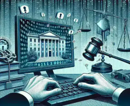 "Ilustrasi gugatan EFF menolak dekri pemerintah tentang dekripsi data, menggambarkan simbol privasi digital dan perlindungan informasi."