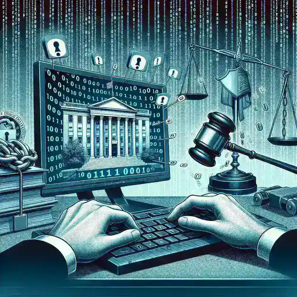 "Ilustrasi gugatan EFF menolak dekri pemerintah tentang dekripsi data, menggambarkan simbol privasi digital dan perlindungan informasi."