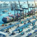 Alt text: "Ilustrasi infrastruktur Smart Port yang modern, menunjukkan terminal pelabuhan dengan teknologi canggih untuk meningkatkan efisiensi logistik nasional di artikel tentang pengembangan infrastruktur pelabuhan pintar."