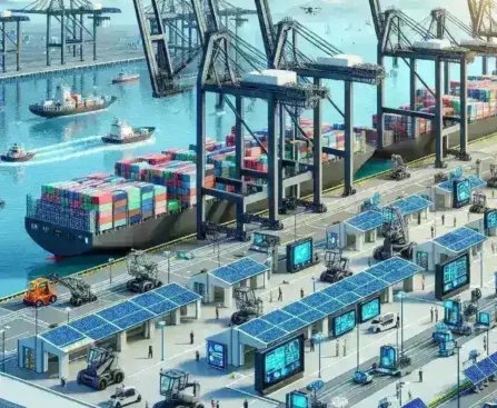 Alt text: "Ilustrasi infrastruktur Smart Port yang modern, menunjukkan terminal pelabuhan dengan teknologi canggih untuk meningkatkan efisiensi logistik nasional di artikel tentang pengembangan infrastruktur pelabuhan pintar."