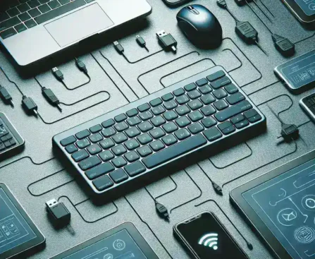 "Langkah-langkah cara memasangkan keyboard nirkabel Logitech dengan beberapa perangkat, menunjukkan proses penyambungan Bluetooth di berbagai gadget seperti laptop dan tablet."