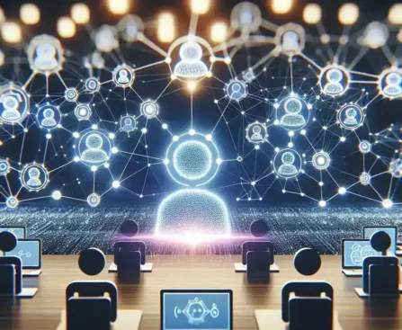 "Ilustrasi API Multi-Agent OpenAI untuk Orkestrasi Otomatis, menampilkan diagram jaringan agen yang terintegrasi dan berinteraksi untuk meningkatkan efisiensi otomatisasi."