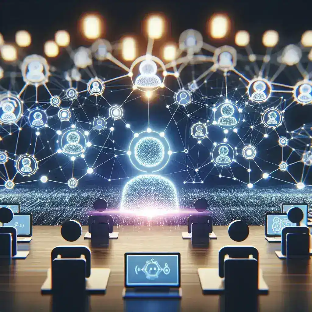 "Ilustrasi API Multi-Agent OpenAI untuk Orkestrasi Otomatis, menampilkan diagram jaringan agen yang terintegrasi dan berinteraksi untuk meningkatkan efisiensi otomatisasi."