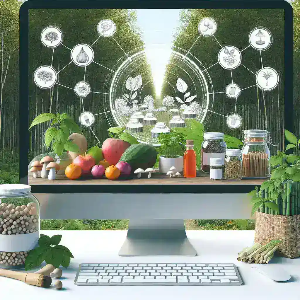 "Template platform digital untuk pemasaran produk hasil hutan non-kayu, menunjukkan antarmuka pengguna dan fitur utama yang mendukung promosi dan penjualan produk ramah lingkungan."
